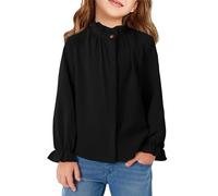 Haloumoning Girls' Blouses Ruffle Long Sleeve Shirts Button Stand-Up Collar Shirt Kids Cute Ruffle Tops, Black, 10-12 Years
