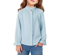 Haloumoning Girls' Blouses Ruffle Long Sleeve Shirts Button Stand-Up Collar Shirt Kids Cute Ruffle Tops, Blue, 10-12 Years