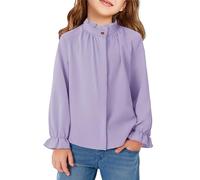 Haloumoning Girls' Blouses Ruffle Long Sleeve Shirts Button Stand-Up Collar Shirt Kids Cute Ruffle Tops, Purple, 8-10 Years