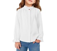 Haloumoning Girls' Blouses Ruffle Long Sleeve Shirts Button Stand-Up Collar Shirt Kids Cute Ruffle Tops, White, 6-8 Years