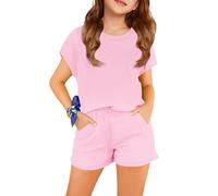 Haloumoning Girls' Clothing Sets Summer Casual Cap Sleeve T-Shirt with Elastic Shorts Plain Clothing Sets, pink, 13-14 Jahre