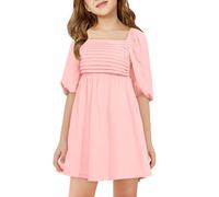 Haloumoning Girls' Dress Short Sleeve Summer Dresses Square Neck Casual Dress Kids Puffy Sleeves Elegant Floral Dress A-line Chiffon Dresses, pink, 13-14 Years