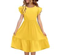 Haloumoning Girls' Dresses Round Neck Plain Summer Dress Ruffle Sleeves A-line Princess Dress Casual Elegant Wedding Birthday Casual Dress Yellow 5-6 yesrs