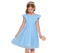 Haloumoning Girls' Dresses Ruffled Sleeves Round Neck Solid Color Summer Dress A-Line Princess Tulle Dress Festive Birthday Wedding Party Casual Dress, Blue, 9-10 Years