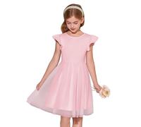 Haloumoning Girls' Dresses Ruffled Sleeves Round Neck Solid Color Summer Dress A-Line Princess Tulle Dress Festive Birthday Wedding Party Casual Dress, Pink, 9-10 Years