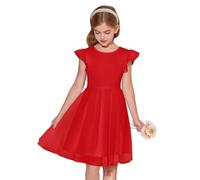 Haloumoning Girls' Dresses Ruffled Sleeves Round Neck Solid Color Summer Dress A-Line Princess Tulle Dress Festive Birthday Wedding Party Casual Dress, Red, 9-10 Years
