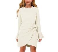 Haloumoning Girls' Long Sleeve Elegant Ruffle Knitted Dress Round Neck Children's Plain Midi Dress, beige, 13-14 Years
