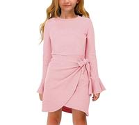 Haloumoning Girls' Long Sleeve Elegant Ruffle Knitted Dress Round Neck Children's Plain Midi Dress, pink, 11-12 Years