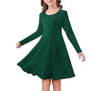 Haloumoning Girls' Long Sleeve Round Neck Casual Dress A-line Elegant Party Dresses Plain Casual Midi Dress Festive Wedding Children's Dresses 5-14 Years, Green, 13-14 Years