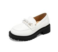 Haloumoning Girls Platform Loafers Slip on School Uniform Dress Shoes | Round Toe, Pearl Chain, Chunky Heel, Leather Flats,Formal, Party Wedding Church, Toddler Little Big Kids