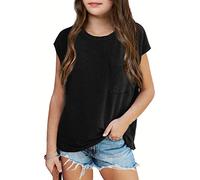 Haloumoning Girls' T-Shirts Round Neck Short Sleeve Cap Sleeve Top Lightweight Plain Tee with Chest Pocket Summer Top 7-14 Years, Black, 10-12 Years