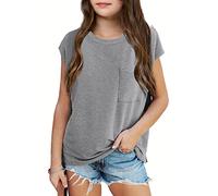 Haloumoning Girls' T-Shirts Round Neck Short Sleeve Cap Sleeve Top Lightweight Plain Tee with Chest Pocket Summer Top 7-14 Years, Gray, 10-12 Years