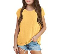 Haloumoning Girls' T-Shirts Round Neck Short Sleeve Cap Sleeve Top Lightweight Plain Tee with Chest Pocket Summer Top 7-14 Years, Yellow, 10-12 Years