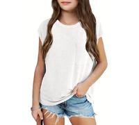 Haloumoning Girls' T-Shirts Round Neck Short Sleeve Cap Sleeve Top Lightweight Plain Tee with Chest Pocket Summer Top 7-14 Years, White, 7-8 Years