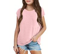 Haloumoning Girls' T-Shirts Round Neck Short Sleeve Cap Sleeve Top Lightweight Plain Tee with Chest Pocket Summer Top 7-14 Years, Pink, 13-14 Years