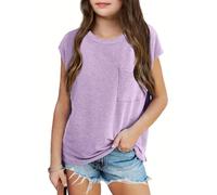 Haloumoning Girls' T-Shirts Round Neck Short Sleeve Cap Sleeve Top Lightweight Plain Tee with Chest Pocket Summer Top 7-14 Years, Purple, 13-14 Years