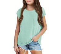 Haloumoning Girls' T-Shirts Round Neck Short Sleeve Cap Sleeve Top Lightweight Plain Tee with Chest Pocket Summer Top 7-14 Years, light green, 13-14 Years