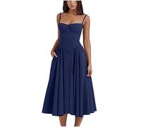 Halter Dresses for Women Tummy Control Flowy Knee Length Dress Regular Fit Sleeveless Bralette Sling Dress Prom Dress/UK Size/Womens Clothing Clearance Navy
