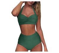 Halter Neck Bikini Set, Two Piece Swimming Costume for Women, Bandeau Twist Women's Printed/Solid Two Piece Bikini Women's Sports 2 Piece Swimsuit Mum Gifts Travel Essentials ArmyGreen