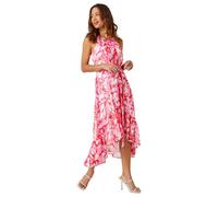 Roman Originals Women Halter Neck Frill Midi Dress - Ladies Special Occasion Evening Party Wedding Guest Print Ruffle Detail Sleeveless Round Neck Dresses - Pink Ivory - Size 20