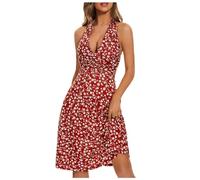 Halter Neck Dress for Women UK, Milkmaid Sundress Women Halter V Neck Midi Dresses Summer Sleeveless Dress Ladies Casual Swing Beach Cover Up Holiday Work Party Dresses Milk Maid Dress