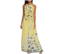 Halter Neck Dresses for Women UK Floral Print Bohemian Maxi Dress Plus Size Summer Sleeveless Sundress Ladies Boho Casual Swing Beach Cover Up Chiffon Holiday Work Party Long Dresses Yellow