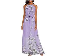 Halter Neck Dresses for Women UK Floral Print Bohemian Maxi Dress Plus Size Summer Sleeveless Sundress Ladies Boho Casual Swing Beach Cover Up Chiffon Holiday Work Party Long Dresses Purple