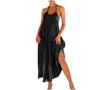 Halter Neck Dresses for Women UK Summer Pleated Maxi Dresses Sleeveless Long Dress Holiday Beach A-Line Dress Ladies Flowy Swing Loose Fit Dresses for Party Evening Black