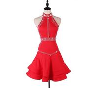 Halter Neck Latin Dance Dress Hollow Rhinestone Pearl Flared Skirt Elegant Salsa Rumba Ballroom Costume