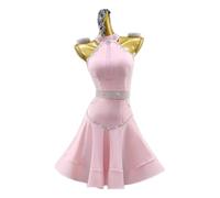 Halter Neck Latin Dance Dress Hollow Rhinestone Pearl Flared Skirt Elegant Salsa Rumba Ballroom Costume