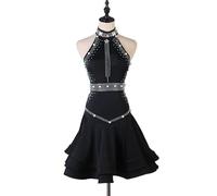 Halter Neck Latin Dance Dress Hollow Rhinestone Pearl Flared Skirt Elegant Salsa Rumba Ballroom Costume