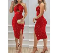 Halter Neck Midi Dress Women Glitter Sleeveless Chain Decor Hollow Out Waist Side Slit