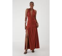 Halter Neck Plunge Ruched High Split Maxi Dress MissPap Rust 14