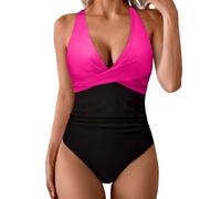 Halter Neck Swimsuits for Women Tummy Control Patchwork Women's One-Piece Swimsuits Push Up Swimwear Tie-Up Back Women Swimming Costume Sexy Retro Bathing Suit Slimming Ruched Ladies Swimwear