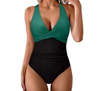 Halter Neck Swimsuits for Women Tummy Control Patchwork Women's One-Piece Swimsuits Push Up Swimwear Tie-Up Back Women Swimming Costume Sexy Retro Bathing Suit Slimming Ruched Ladies Swimwear