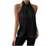 Halter Neck Tank Tops for Women Elegant Plain Summer Satin Vest Casual Loose Camisole Tops Lightweight Regular Tee Ladies Sleeveless Business Office Work Top Black