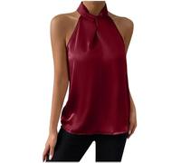 Halter Neck Tank Tops for Women Elegant Plain Summer Satin Vest Casual Loose Camisole Tops Lightweight Regular Tee Ladies Sleeveless Business Office Work Top Wine
