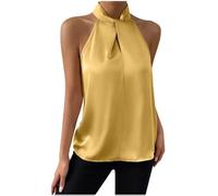 Halter Neck Tank Tops for Women Elegant Plain Summer Satin Vest Casual Loose Camisole Tops Lightweight Regular Tee Ladies Sleeveless Business Office Work Top Yellow