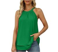 Halter Neck Tops for Women UK Sale Clearance Chiffon Top Summer Sleeveless Vest Tops Loose Fit Solid Elegant Cami Shirt Pleated T Shirts Casual Flared Blouses Tunics Camisole Tank Top Size 8-16