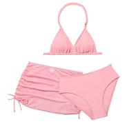 Halter Swimsuit for Teen Girls Triangle Bikinis Set with Mesh Skirts Halterneck Adjustable Strap Solid Plain Summer Swimwear with Padding Beach Tankini Swimming Suit (12-13 Years) Pink