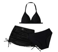 Halter Swimsuit for Teen Girls Triangle Bikinis Set with Mesh Skirts Halterneck Adjustable Strap Solid Plain Summer Swimwear with Padding Beach Tankini Swimming Suit (Black, 10-11 Years)