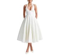 Halter Tea Length Prom Dresses Jacquard Satin Deep V-Neck A-Line Backless Dress Elegant Full Skirt Formal Evening Party Gowns