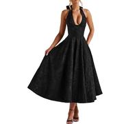 Halter Tea Length Prom Dresses Jacquard Satin Deep V-Neck A-Line Backless Dress Elegant Full Skirt Formal Evening Party Gowns