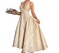 Halter Tea Length Prom Dresses Jacquard Satin Deep V-Neck A-Line Backless Dress Elegant Full Skirt Formal Evening Party Gowns