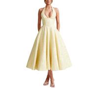 Halter Tea Length Prom Dresses Jacquard Satin Deep V-Neck A-Line Backless Dress Elegant Full Skirt Formal Evening Party Gowns