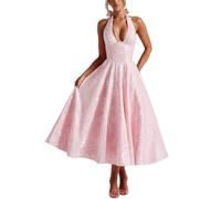 Halter Tea Length Prom Dresses Jacquard Satin Deep V-Neck A-Line Backless Dress Elegant Full Skirt Formal Evening Party Gowns