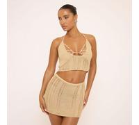 Halterneck Bead Trim Detail Cut Out Top In Stone Crochet Knit, Women's Size UK Medium M