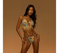 Halterneck Beaded Bikini Beach Top In Multi Abstract Print, Women's Size UK 8