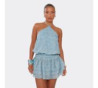 Halterneck Blouson Mini Dress In Blue Paisley Print Chiffon, Women's Size UK 10