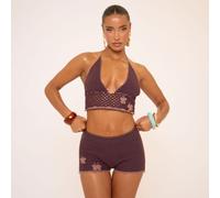 Halterneck Butterfly Applique Bead Detail Crop Top In Brown Crochet Knit, Women's Size UK Small S